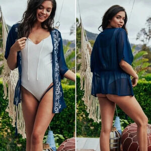 NWT Sage The Label Revolve Sheer Blue Beaded Swim Coverup M